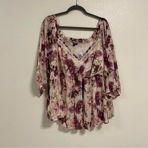Torrid Babydoll Crinkle Chiffon Blouson sleeve Top Dusk Rose floral size 14 NWT